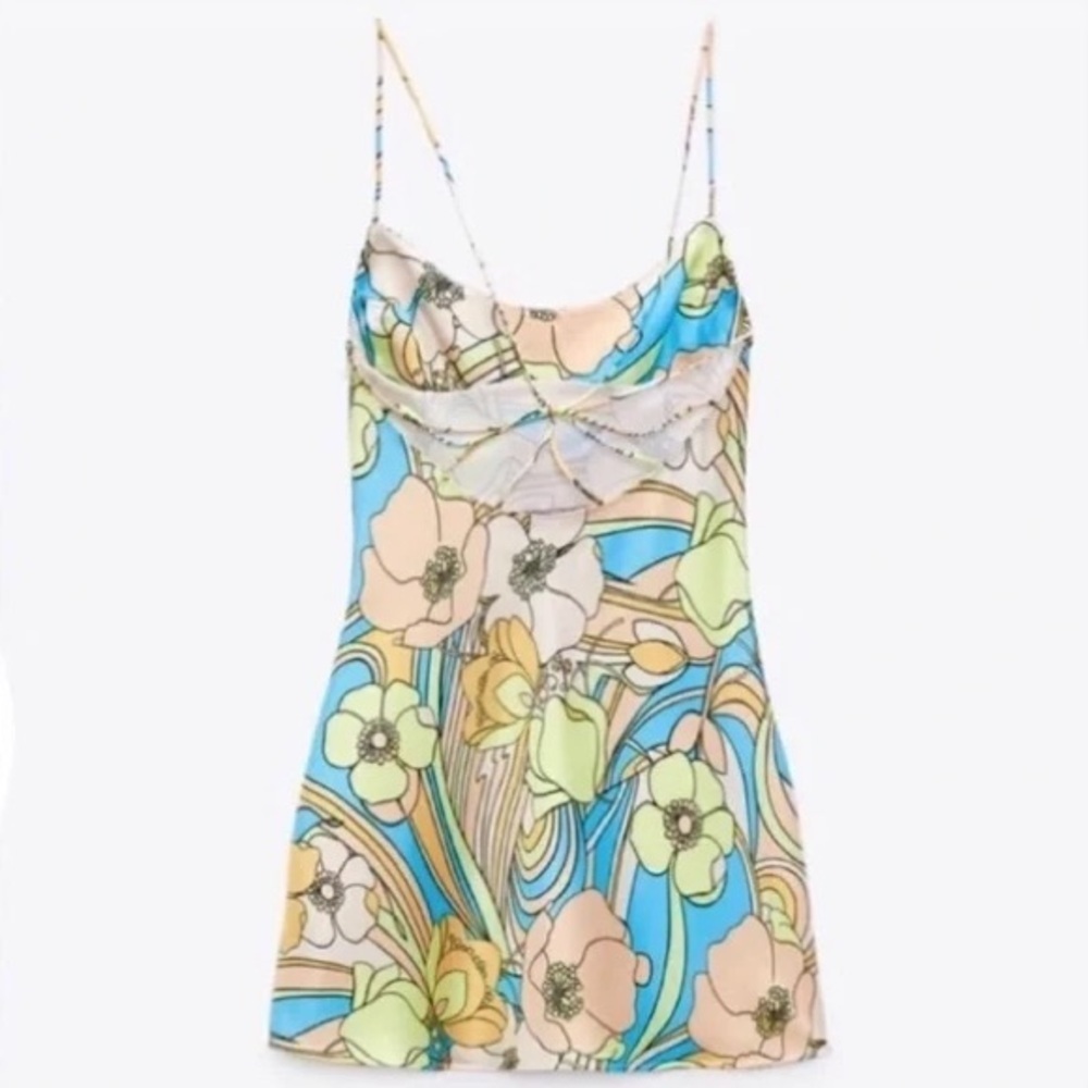 ZARA Satin Floral Mini Dress 70s Psychedelic Cowl Neck NWT - Picture 4 of 8